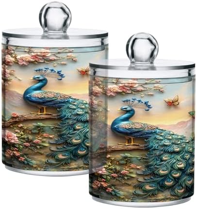 ALAZA Peacock Butterfly Peony 4 Pack Qtip Holder Dispenser for Cotton Swabs, Balls, Pads, Floss 10 oz Plastic Canister Organizer
