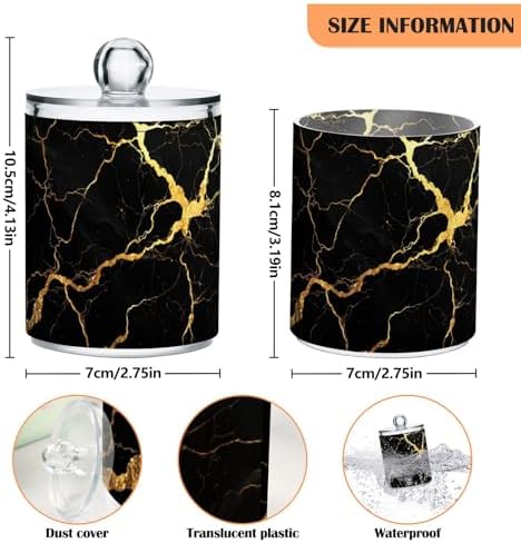 Gredecor Qtip Holder Dispenser 2 Pack Gold Black Marbling Bathroom Decorative Storage Canister Holder Counter Vanity Organizer for Cotton Ball Swabs Pads Floss