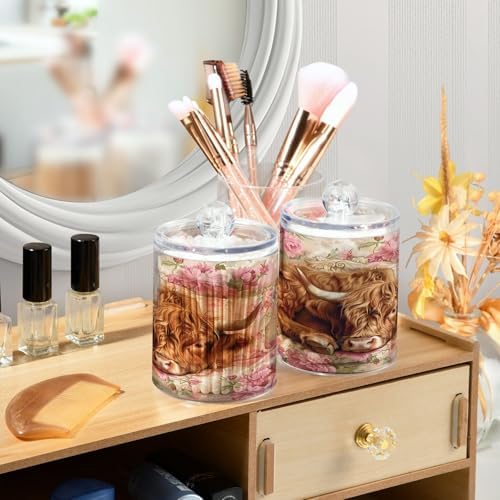 ALAZA 2 Pack Qtip Holder Highland Cow Pink Roses, Cotton Swab Dispenser with Lid Bathroom Containers Canister Organizer Storage Jar
