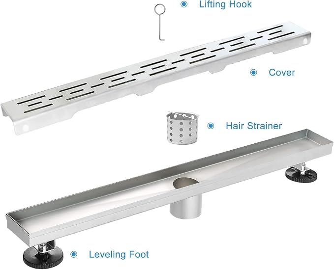 Linear Shower Drain, Shower Drain with bar Pattern Grate, Professional Brushed 304 Stainless Steel, High Flow, Hair Catcher Shower Drain (18 inch)