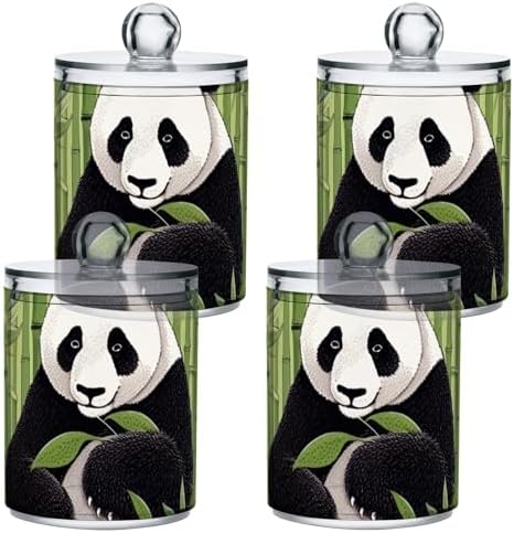 2 Pack Apothecary Jars Bathroom Panda Bear Black Qtip Holder Dispenser Clear Plastic Storage Canister Jar with Lid for Cotton Ball, Cotton Swab