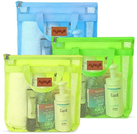 3 Pcs Portable Mesh Shower Caddy Tote, Quick Dry Tote Bag Mesh Beach Bags for Women, Hanging Toiletry and Bath Organizer for Travel Swimming Sports Gym Camp Shopping College Dorms (Blue Green Yellow)