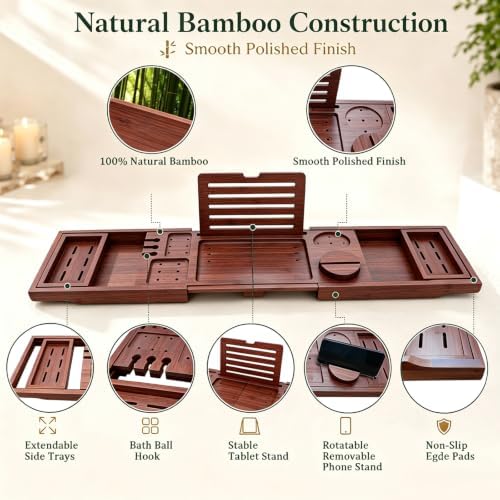 Bamboo Bathtub Tray, Expandable Foldable Bath Caddy, Walnut