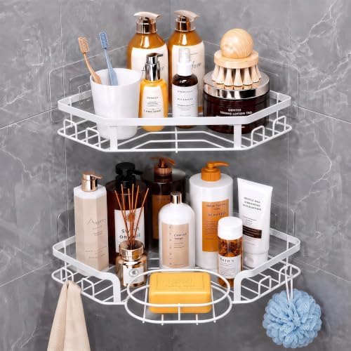 Corner Shower Caddy, Rustproof Shower Organizer with Soap Holder and 8 Hooks, No Drilling Adhesive Shower Shelves for Inside Shower, Large Capacity Shower Rack for Bathroom Shower Storage, White