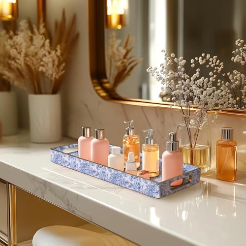 MAONAME Blue Bathroom Vanity Tray, Plastic Decorative Trays with Handles