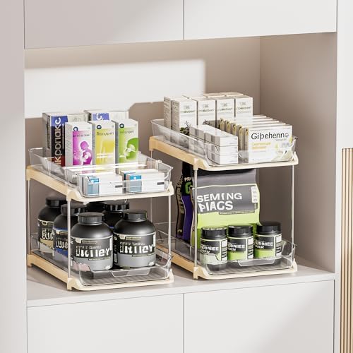 Delamu 2-Tier Multi-Purpose Bathroom Under Sink Organizers and Storage, Stackable Kitchen Pantry Organization, Pull Out Medicine Cabinet Organizer with Movable Dividers, Beige, 4 Pack