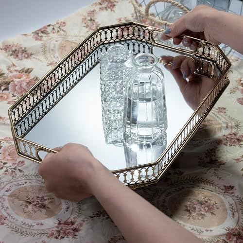 Bar Cart Tray Glass and Gold Tray，Mirrored Tray for Cologne, Perfume and Gold Vanity Tray- Decorative Mirrored Vanity Tray with Cutout Design, Glass Base, Metal Jewelry Organizer