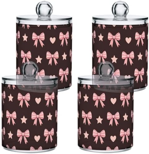 Gredecor 2 Pack Qtip Holder Clear Pink Bows and Stars Fashion Apothecary Jars with Lids Acrylic Bathroom Jars Vanity Countertop Canister Storage Organizer for Cotton Ball,Swabs,Pads,Floss