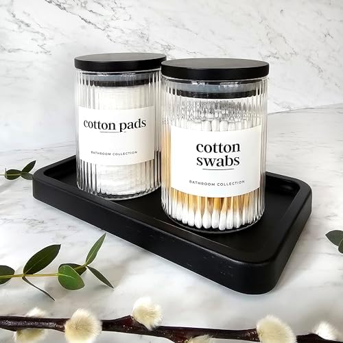 Mason & Fable Ribbed Glass Bathroom Jars & Tray Set | 10 fl oz, Set of 2 Storage Canister with Airtight Black Bamboo Lids | Cotton Pad/Swab/Q tip Holder/Bath Salt/Clear Vanity Apothecary Organizer