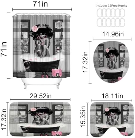 4Pcs African American Shower Curtain Sets with Rugs, Black, 71x71in