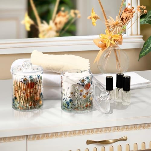 senya Clear Plastic Jars Cotton Swabs Cans, Wildflowers Butterflies Botanical Bathroom Canisters Storage Organizer with Lids 2PCs Set for Cotton Ball, Cotton Swab, flossers, Hair Bands