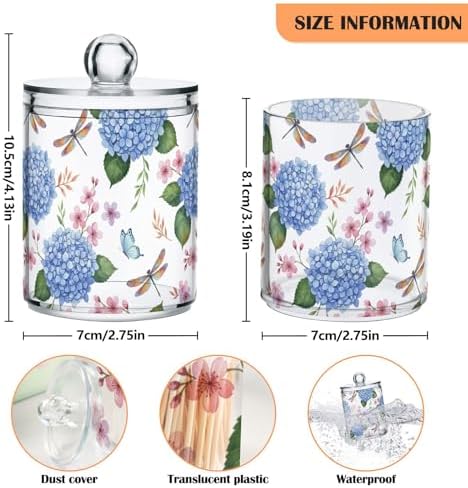 ALAZA Blue Hydrangea Flower Dragonfly Butterfly 4 Pack Qtip Holder Dispenser for Cotton Swabs, Balls, Pads, Floss 10 oz Plastic Canister Organizer