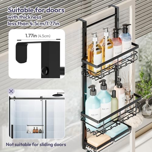 SWTYMIKI Over The Door Shower Caddy - 3 Tier Rustproof Hanging Shower Organizer with Adjustable Shelves, 28 Hooks & Soap Holder, Hanging Shower Rack Storage for Bathroom Accessories, Black