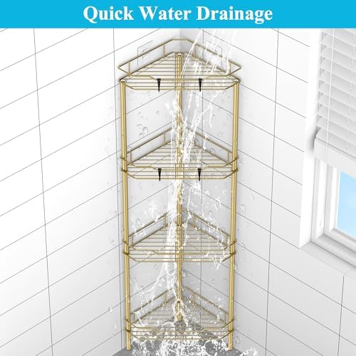 HuggieGems Metal Floor Standing Corner Shower Caddy, Gold, 4 Tier