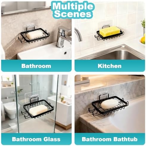 Black Soap Dish for Shower 2 Pieces, Suction Cup Square Shower Soap Holder - 201 Stainless Steel Black Soap Saver - Comfortable Essential for Apartment, Home and Dormitory