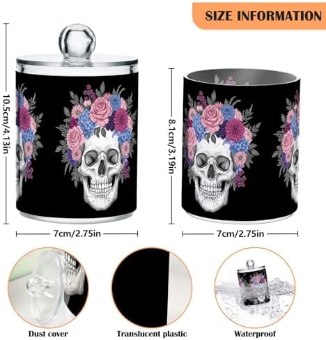 MNSRUU 2 Pack Qtip Holder Organizer Dispenser Skull and Flowers Bathroom Storage Canister Cotton Ball Holder Bathroom Containers for Cotton Swabs/Pads/Floss