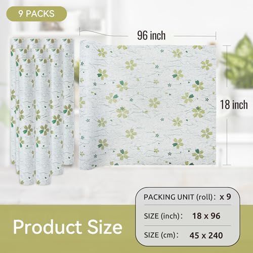 FIFTY FEET 18"x96" Non-Adhesive Shelf Liner for Kitchen Cabinets and Drawers, Washable Non-Slip PVC Cabinet Liner (Green Floral)(9 Roll)