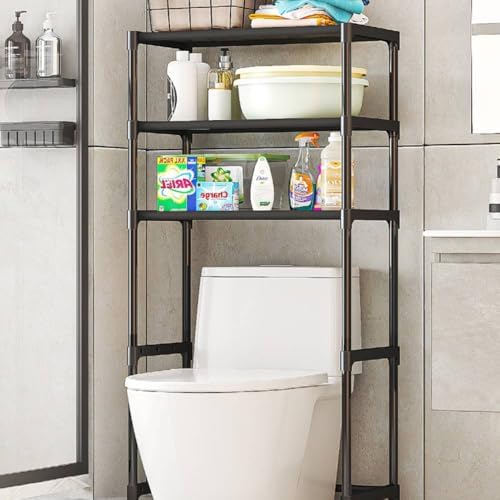 Over Toilet Storage, 3-Tier Over-The-Toilet Storage Rack Sturdy Waterproof Bathroom Organizer Easy Assembly Toilet Shelf Rack for Living Room, Balcony(Black)