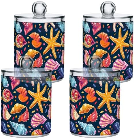4 Pack Qtip Dispenser 10 Oz Apothecary Jars with Lids Cute Seashells and Starfish Makeup Brush Container for Cotton Ball, Cotton Swab, Cotton Round Pads, Floss