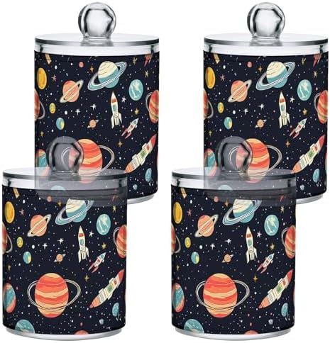ALAZA Solar System Star Planet Space 4 Pack Qtip Holder Dispenser for Cotton Swabs, Balls, Pads, Floss 10 oz Plastic Canister Organizer