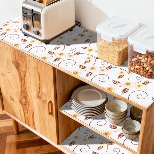 FIFTY FEET 12"x120" Non-Adhesive Shelf Liner for Kitchen Cabinets and Drawers, Washable Non-Slip PVC Cabinet Liner (Yellow Flower)(1 Roll)