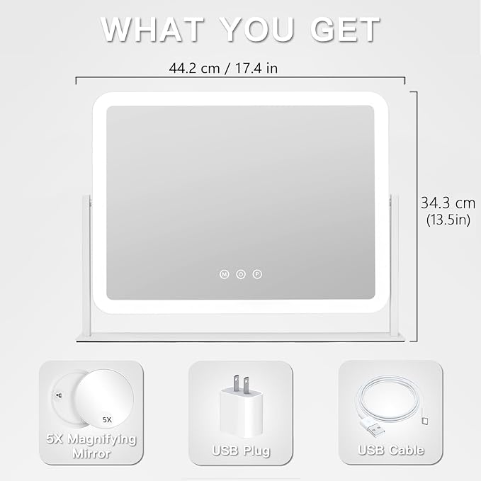 HIEEY Vanity Mirror with Lights, 17.4" x 13.5" Lighted Makeup Mirror, Three Color Lighting Modes, and 5X Magnification Mirror, Smart Touch Control, 360°Rotation (White,Gift Box)