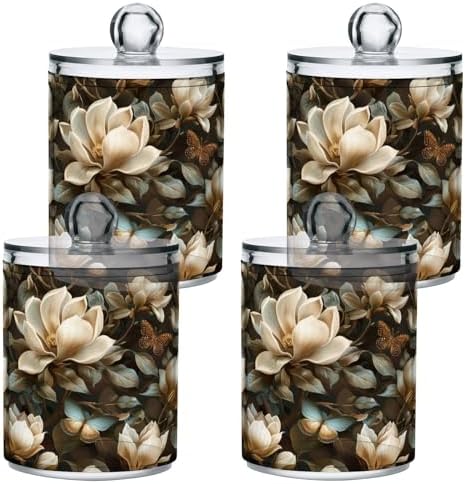 4 Pack Magnolia Flowers Apothecary Jars with Lid, Qtip Holder Storage Containers for Cotton Ball, Swabs, Pads, Clear Plastic Canisters for Bathroom Vanity Organization (10 Oz)