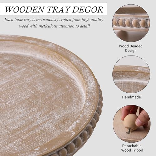 Beige Round Wooden Tray for Decor, Decorative Coffee Table Tray