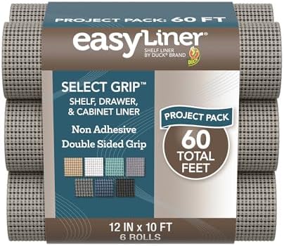 EasyLiner Select Grip Shelf Liner - Easy to Install & Cut to Fit - Non Slip, Non Adhesive, Drawer Shelf & Cabinet Liner for Kitchen, Bathroom, Pantry Cupboards, 12 in x 10 ft (6 Rolls), 60 ft, Gray