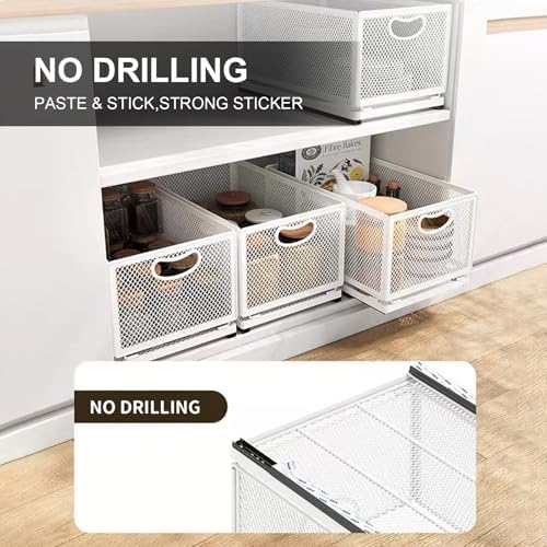 Sliding Cabinet Basket Organizer Drawer Self Adhesive Slide out Pantry Shelves Heavy Duty Carbon Steel Slide Cabinet Storage Basket with Handle for Bathroom Kitchen Home