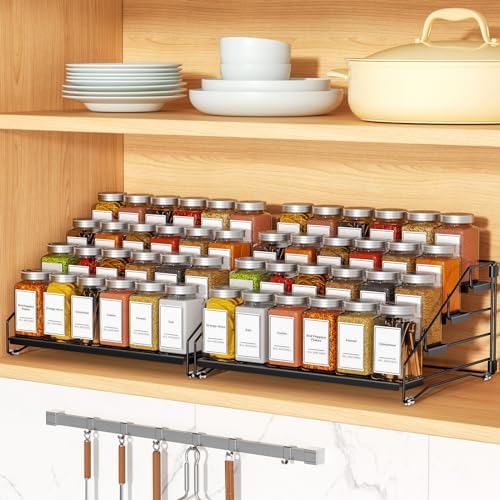 BOIVSHI 4 Tier Spice Rack Organizer, Spice Rack for Cabinet, Adjustable Depth Seasoning Shelf for Countertop, Pantry, Seasoning Organizer, Metal, Black (2 Pack)
