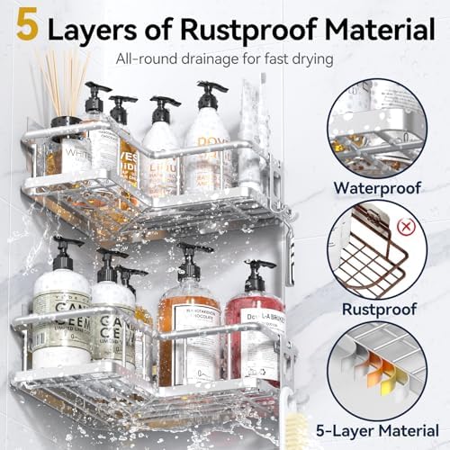 YASONIC Corner Shower Caddy Organizer, Self-Adhesive Rustproof Bath Shelves with Soap Holder & 4 Hooks, Large Capacity Shower Storage Rack for Bathroom Organization, (3Pack, Silver)