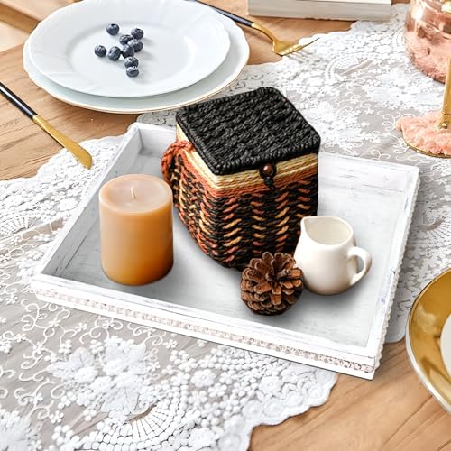 Wooden Decorative Tray, Rectangular Serving Tray with Wood Bead, Farmhouse Big Tray for Ottoman, Countertop, Coffee Tabl, 16.5" x 13"x 1.6" (Retro White)