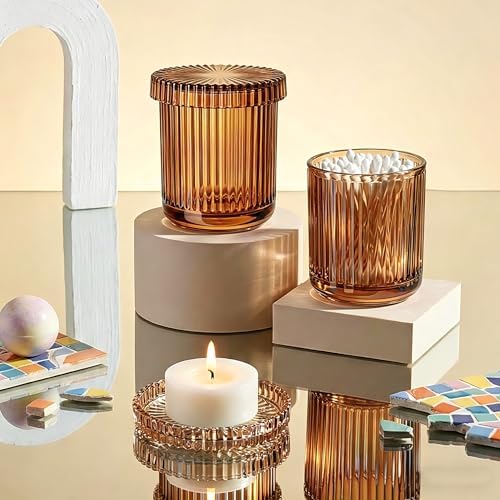 2 Pack Glass Qtip Holder Dispenser Set - Bathroom Organizer for Cotton Swabs, Balls, Pads, Floss Picks - Clear Apothecary Jars for Vanity, Makeup Storage, Bathroom Accessories Decor (Brown)