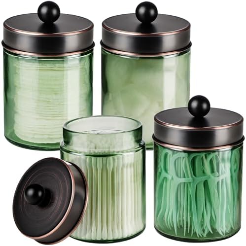 Amolliar Green Glass Qtip Holder Apothecary Jar, Bathroom Decor, ORB 4 Pack