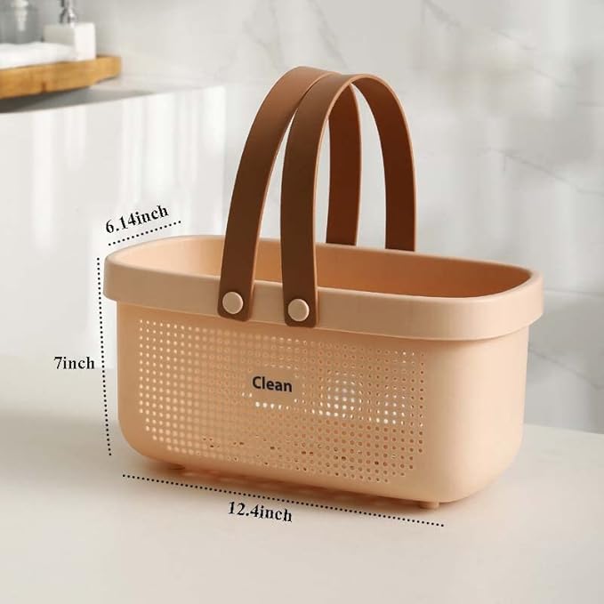 Waterproof Shower Bin Shower, Large Shower Caddy with Soft Silicone Carrying Handle, Plastic Bathroom Organizer Basket, Dries Quickly with Drainage Holes - Pink
