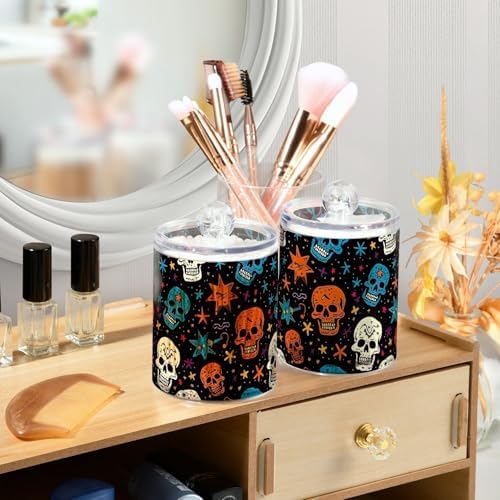 4 Pack Colorful Skulls with Stars Qtip Dispenser 10 Oz Apothecary Jars with Lids Bathroom Canister for Cotton Ball, Swab, Floss, Makeup Sponges, Hair Clip