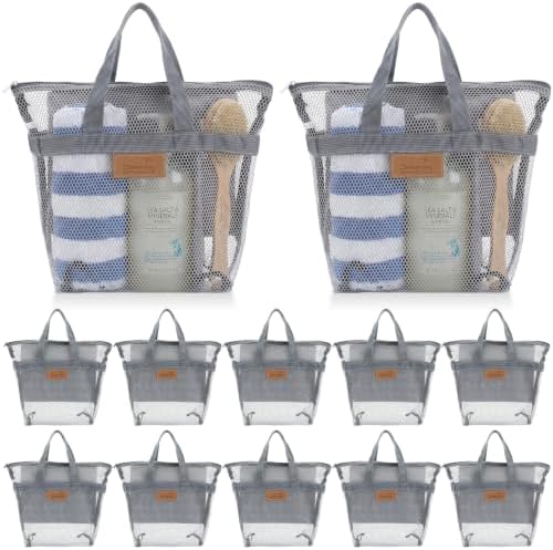 Patelai 12 Pcs Mesh Shower Caddy Portable 12.2 x 10.24 in Large Gym Shower Bag Bulk with Zipper Quick Dry Beach Bag Hanging Toiletry Organizer for Swim Beach Camping Travel College Dorm (Grey)