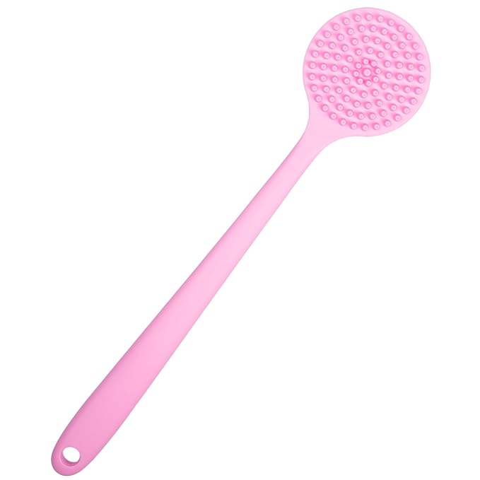 DNC Silicone Back Scrubber for Shower, Soft Bath Body Brush with Long Handle (Pink)