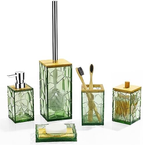 GAHEFY Sage Green Bathroom Accessories Set, Toothbrush Holder, Soap Dispenser, Cotton Swabs Holder, Soap Dish, Toilet Brush with Holder, Boho Bamboo Bathroom Decor,Acrylic (Green)