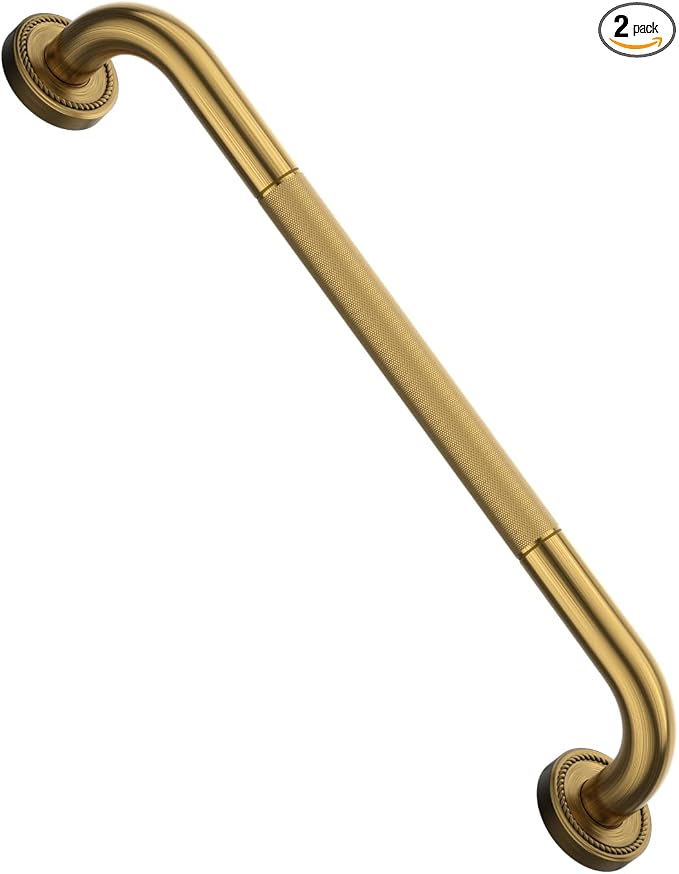 20 Inch Bronze Shower Grab Bar Gold, Munzong Antique Brass Bathroom Grab Bar w/Anti-Slip Knurled Grip, Bathroom Balance Bar, Safety Bath Handrail Support, Handicap Injury Elderly Senior Assist Handle