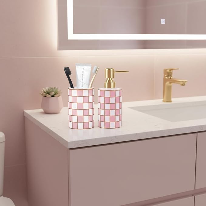 Bathroom Toothbrush Holder Set, Ceramic Checkered Soap Dispenser and Tooth Brush Holder Set, Modern Bathroom Accessories Sets Countertop, Black and White Checkered Bathroom Decor Set (Pink)