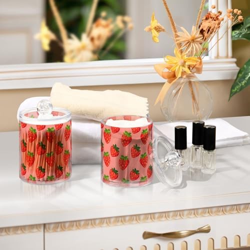 ALAZA 4pcs Cute Fruit Strawberry Qtip Holder Dispenser 14 oz Bathroom Storage Clear Apothecary Jars Containers Cotton Ball,Cotton Rounds,Floss Picks, Hair Clips, Food