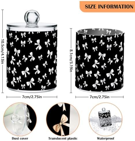 Gredecor 4 Pack Qtip Holder Clear Cute White Bow on Black Apothecary Jars with Lids Acrylic Bathroom Jars Vanity Countertop Canister Storage Organizer for Cotton Ball,Swabs,Pads,Floss