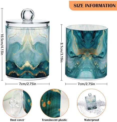 Abstract Turquoise Pattern Qtip Holder 2 Pack - 10 Oz Clear Plastic Apothecary Jar Set for Bathroom Organization - Versatile Canister Storage for Cotton Balls, Swabs, Rounds