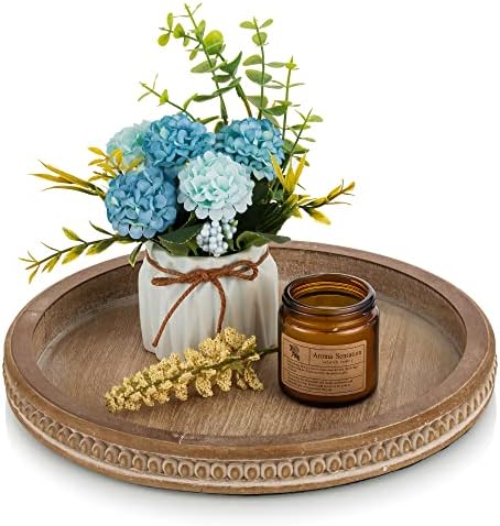 Hanobe Round Wooden Tray Decor for Coffee Table, Decorative Candle Plate