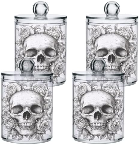 Sugar Skull Qtip Holder 4 Pack - 10 Oz Clear Plastic Apothecary Jar Set for Bathroom Organization - Versatile Canister Storage for Cotton Balls, Swabs, Rounds