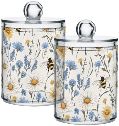 ALAZA Daisy Bee Flower Floral Print 2 Pack Qtip Holder Dispenser for Cotton Swabs, Balls, Pads, Floss 10 oz Plastic Canister Organizer