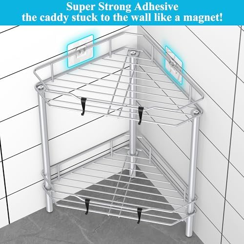 HuggieGems Metal Floor Standing Corner Shower Caddy, Silver, 2 Tier