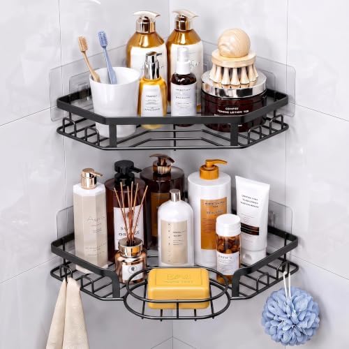 Corner Shower Caddy, Rustproof Shower Organizer with Soap Holder and 8 Hooks, No Drilling Adhesive Shower Shelves for Inside Shower, Large Capacity Shower Rack for Bathroom Shower Storage, Black